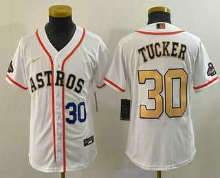 Youth Houston Astros #30 Kyle Tucker Number 2023 White Gold World Serise Champions Patch Cool Base Jersey->mlb youth jerseys->MLB Jersey